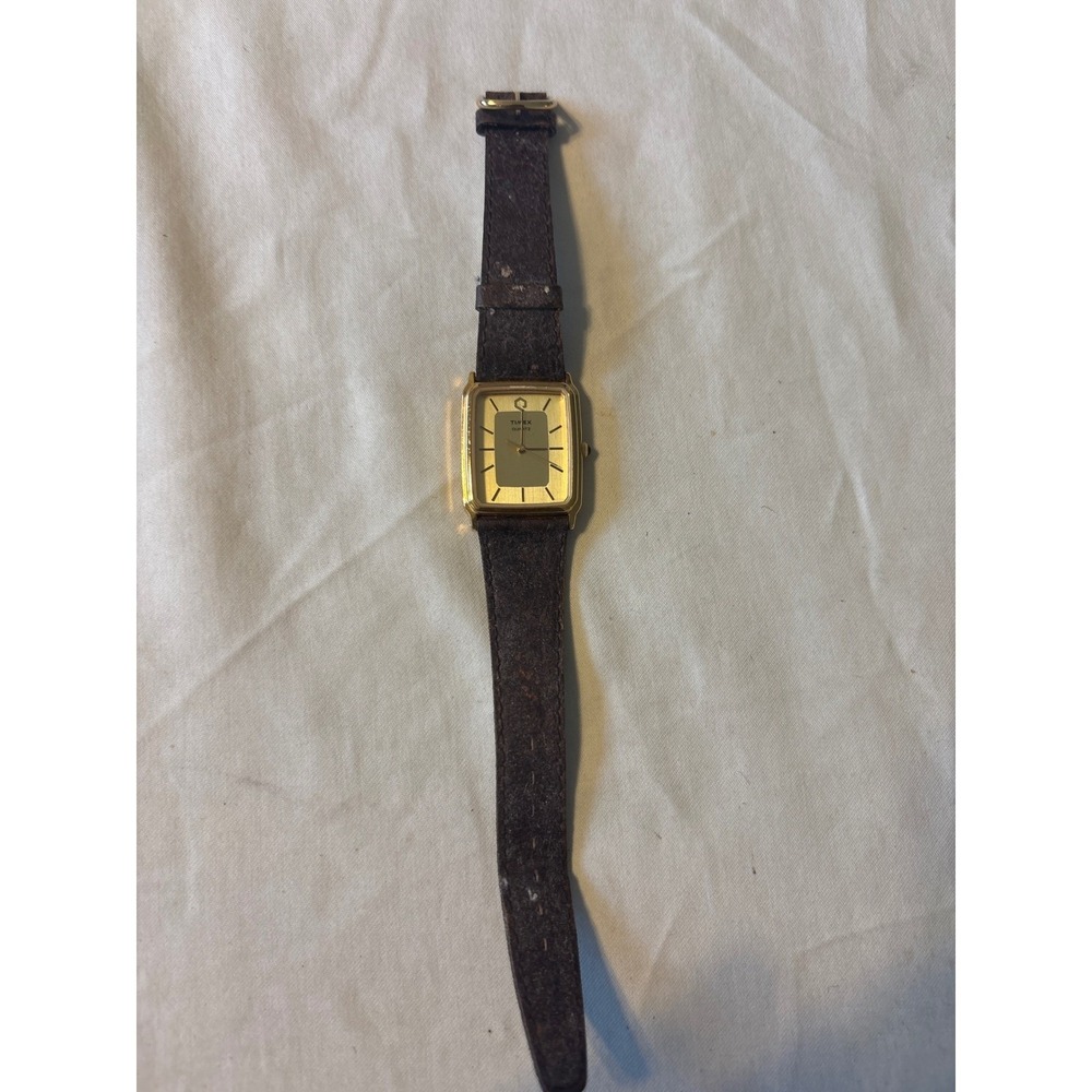 Timex Quartz Watch Unisex Gold Rectangular Brown Leather Strap selling for parts - Picture 7 of 7